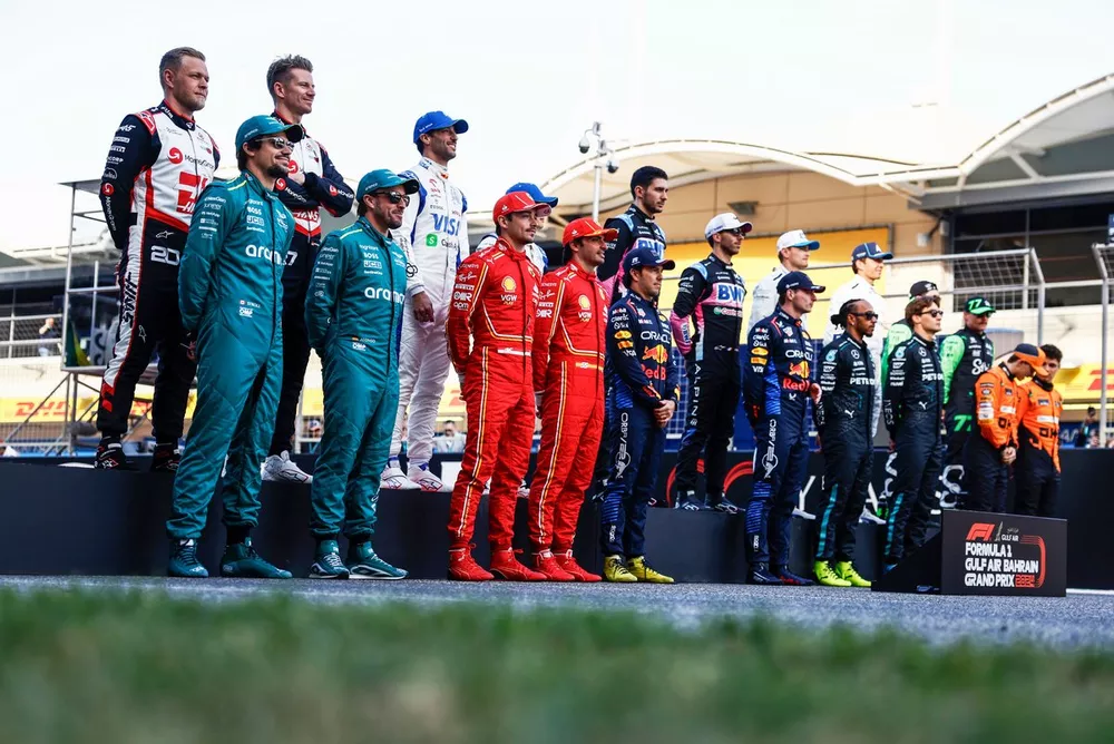 The 2024 Formula 1 grid
Top row: Kevin Magnussen, Haas F1 Team, Nico Hulkenberg, Haas F1 Team, Daniel Ricciardo, Visa Cash App RB F1 Team, Yuki Tsunoda, Visa Cash App RB F1 Team, Esteban Ocon, Alpine F1 Team, Pierre Gasly, Alpine F1 Team, Logan Sargeant, Williams Racing, Alex Albon, Williams Racing, Zhou Guanyu, Stake F1 Team Kick Sauber, Valtteri Bottas, Stake F1 Team Kick Sauber
Bottom row: Fernando Alonso, Aston Martin F1 Team, Lance Stroll, Aston Martin F1 Team, Charles Leclerc, Scuderia Ferrari, Carlos Sainz, Scuderia Ferrari, Sergio Perez, Red Bull Racing, Max Verstappen, Red Bull Racing, Sir Lewis Hamilton, Mercedes-AMG F1 Team, George Russell, Mercedes-AMG F1 Team, Oscar Piastri, McLaren F1 Team, Lando Norris, McLaren F1 Team
