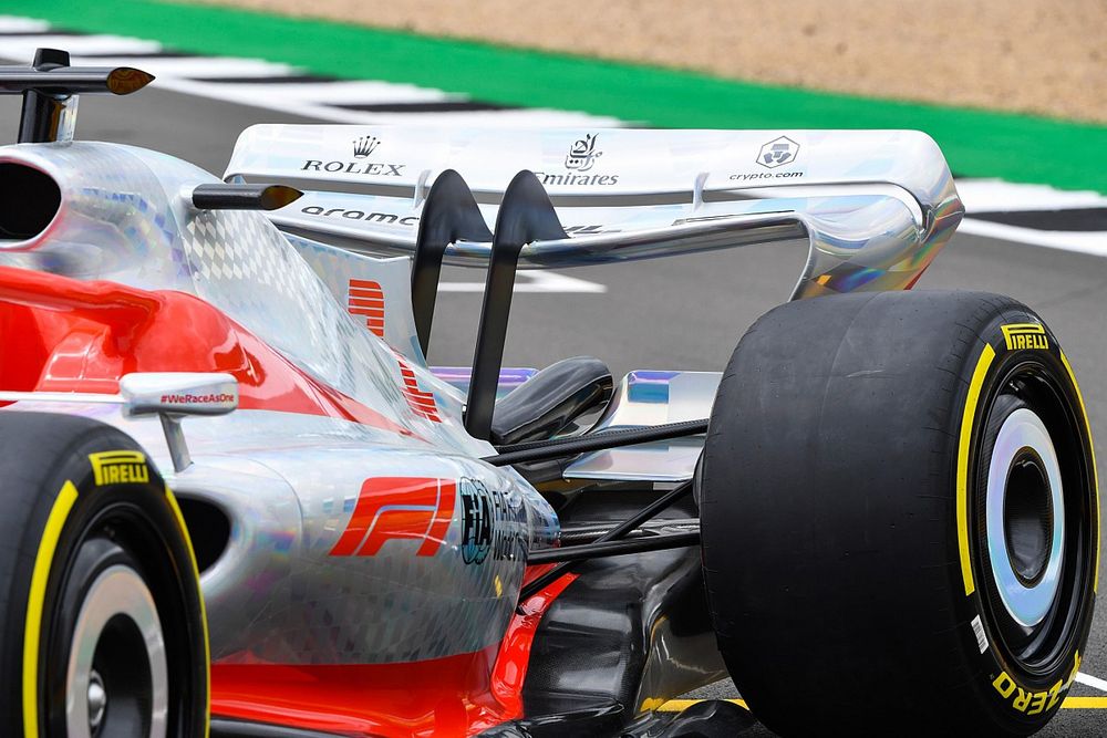 The 2022 Formula 1 car launch event on the Silverstone grid. Rear wing detail