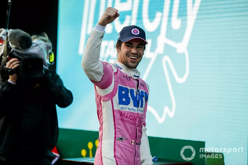 Pole Sitter Lance Stroll, Racing Point celebrates in Parc Ferme 