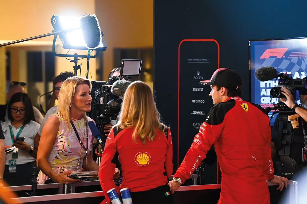 Charles Leclerc, Ferrari is interviewed by Rachel Brookes, Sky F1