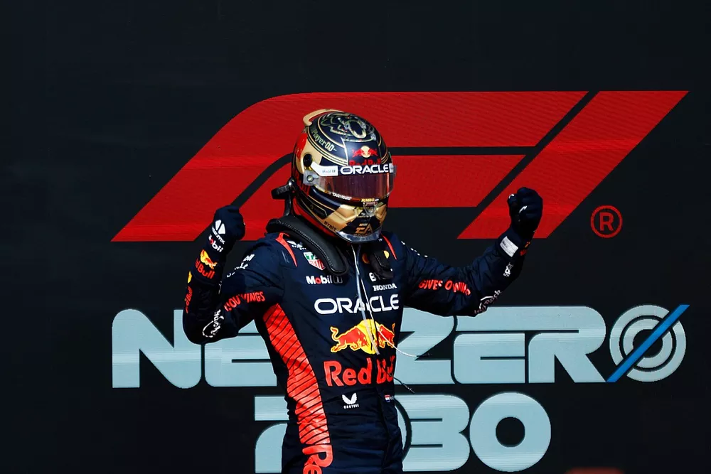 Max Verstappen, Red Bull Racing, 1st position, celebrates on arrival in Parc Ferme