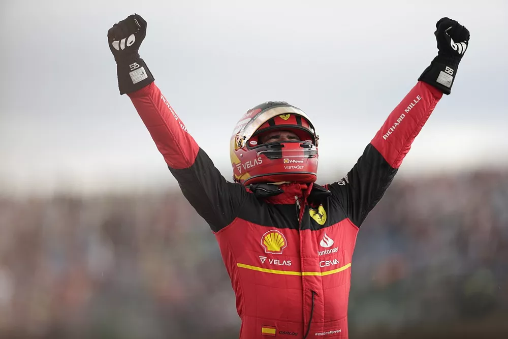 Carlos Sainz, Ferrari, 1st position, celebrates in Parc Ferme 