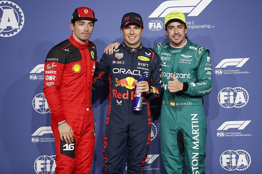 Top three Qualifiers Charles Leclerc, Scuderia Ferrari, pole man Sergio Perez, Red Bull Racing, Fernando Alonso, Aston Martin F1 Team