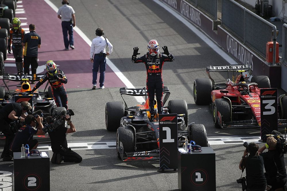 Max Verstappen, Red Bull Racing, 1st position, celebrates on arrival in Parc Ferme