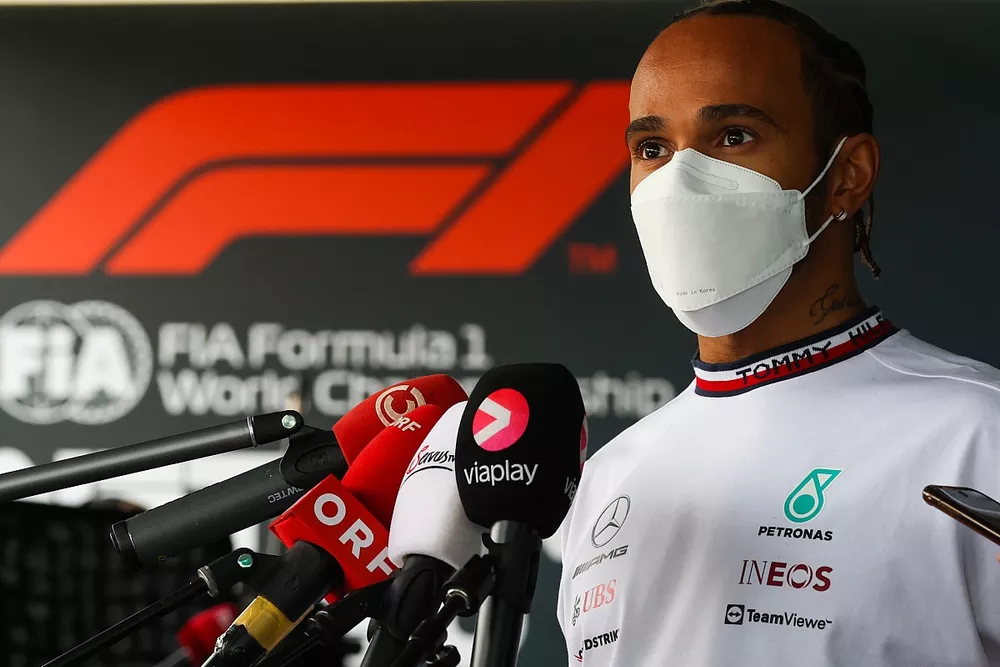 Lewis Hamilton, Mercedes-AMG, speaks to the media