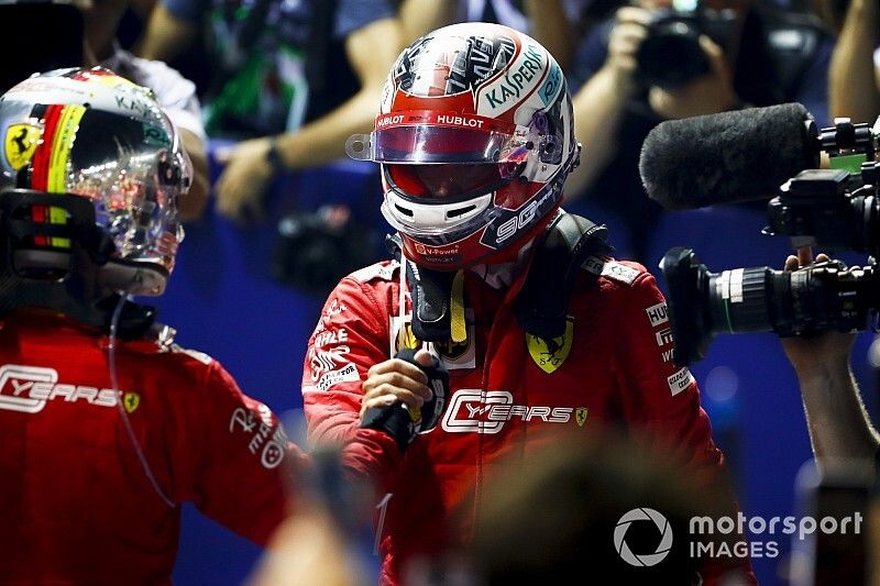 Race winner Sebastian Vettel, Ferrari and Charles Leclerc, Ferrari celebrate in Parc Ferme 