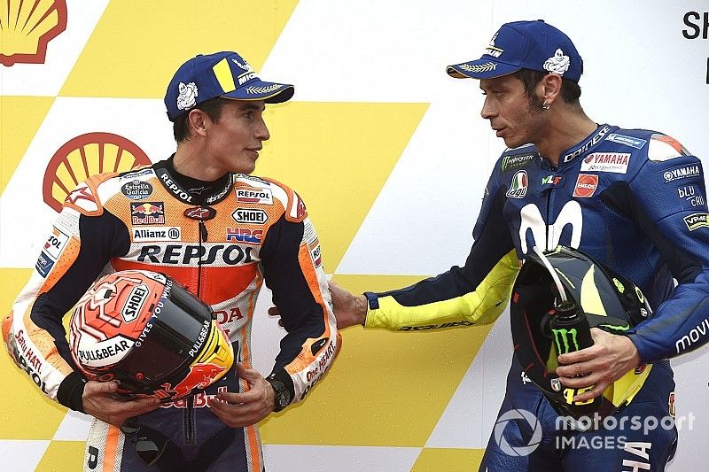 Pole sitter Marc Marquez, Repsol Honda Team, third place Valentino Rossi, Yamaha Factory Racing
