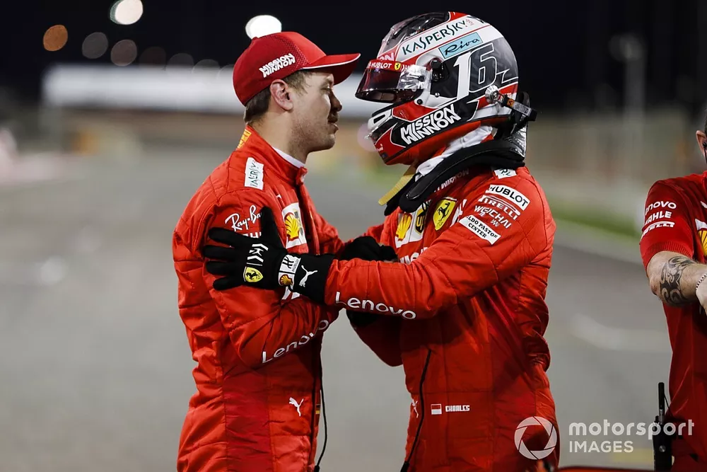 Charles Leclerc, Ferrari celebrates pole position in Parc Ferme with Sebastian Vettel, Ferrari 