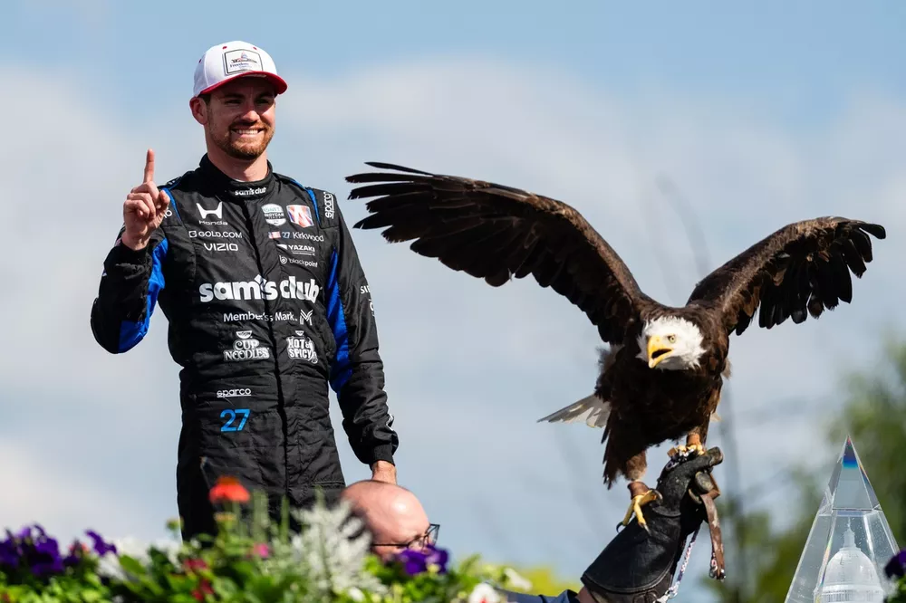 Kyle Kirkwood with Bald Eagle in Victory Lane