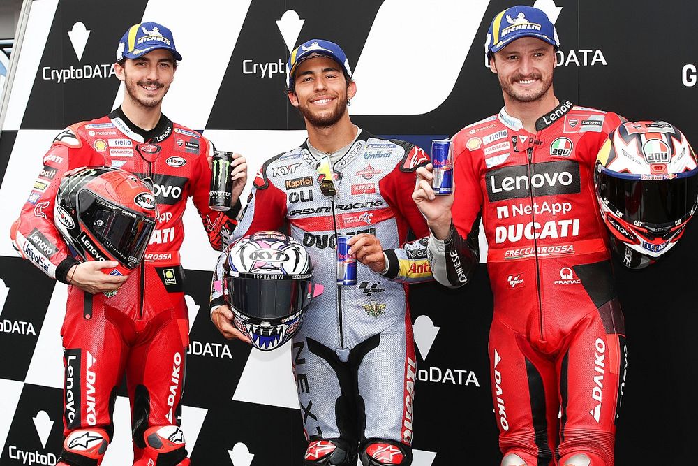 Ganador de la pole Enea Bastianini, Gresini Racing, Francesco Bagnaia, Ducati Team, Jack Miller, Ducati Team