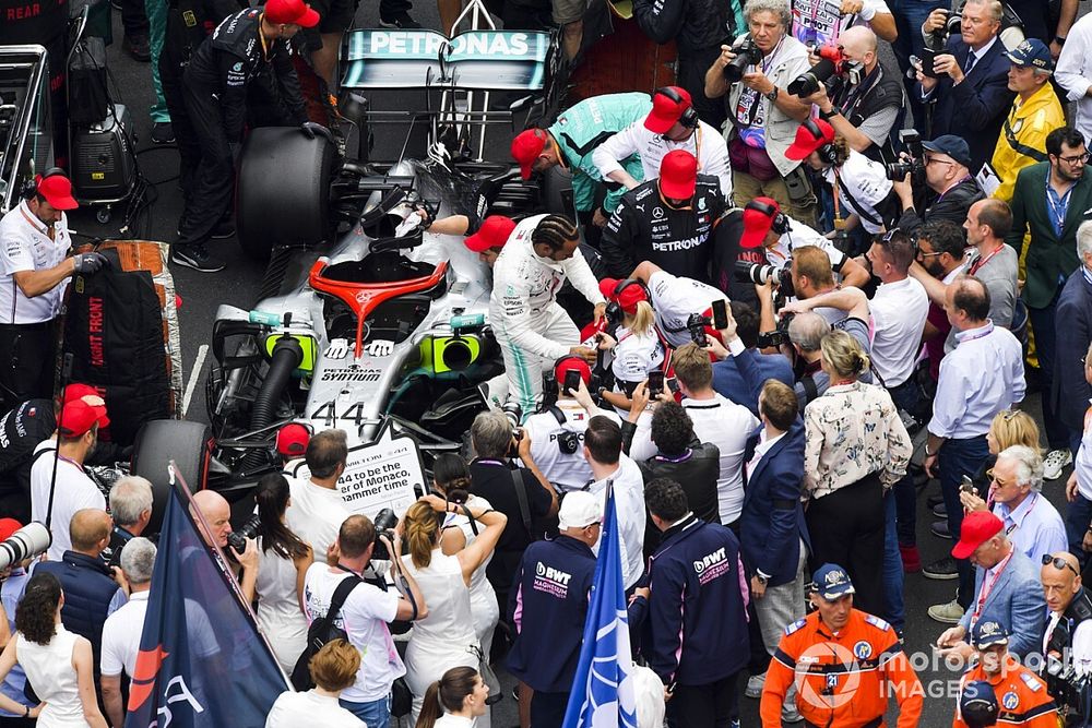 Lewis Hamilton, Mercedes AMG F1 gets out of his car on to a packed grid 