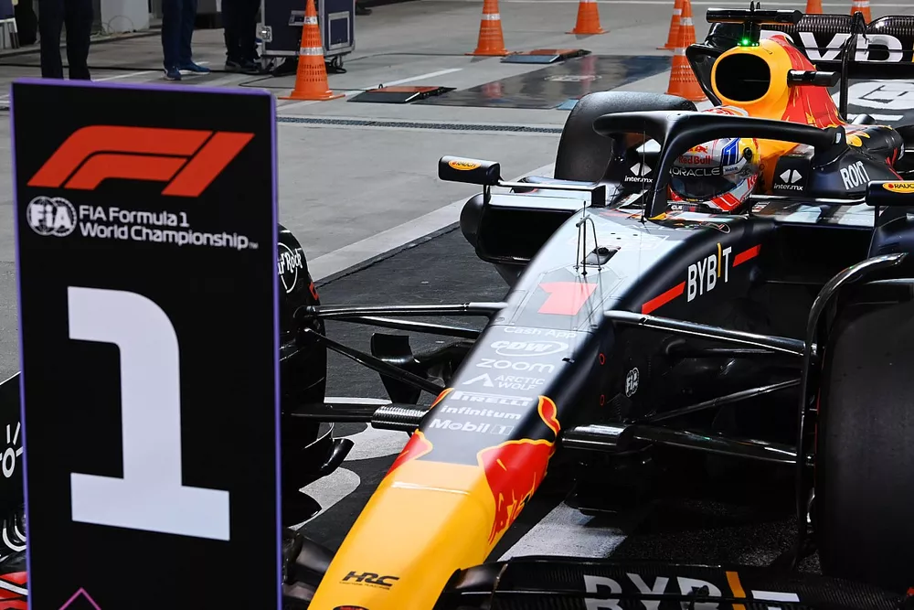Max Verstappen, Red Bull Racing RB19, arrives in Parc Ferme after securing pole