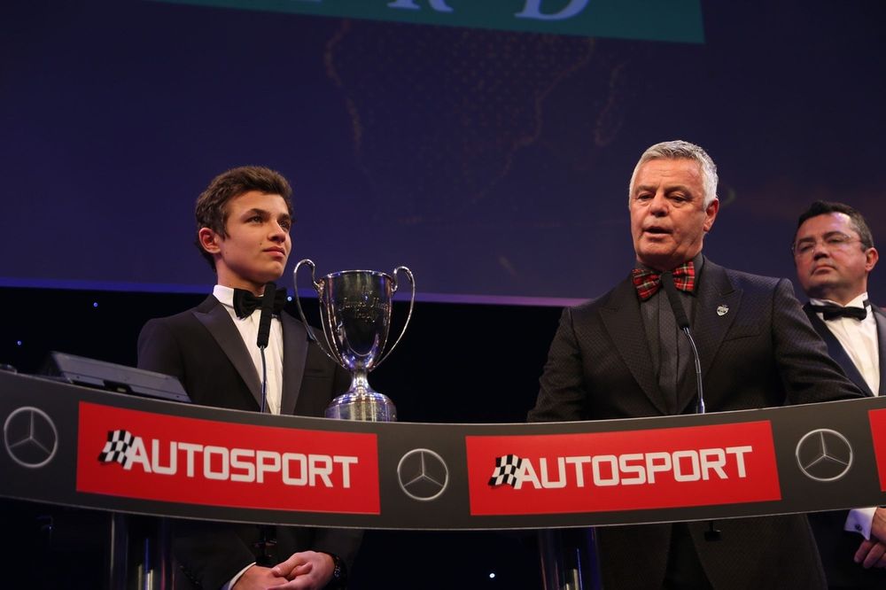 Lando Norris, BRDC President Derek Warwick & Eric Boullier, Autosport Awards