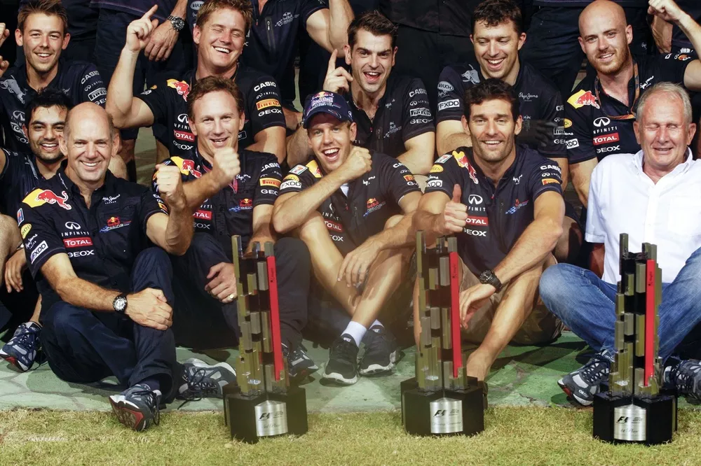 Red Bull Racing celebrate victory with Adrian Newey, Red Bull Racing Chief Technical Director, Christian Horner, Red Bull Racing Team Principal, race winner Sebastian Vettel, Red Bull Racing, Mark Webber, Red Bull Racing 