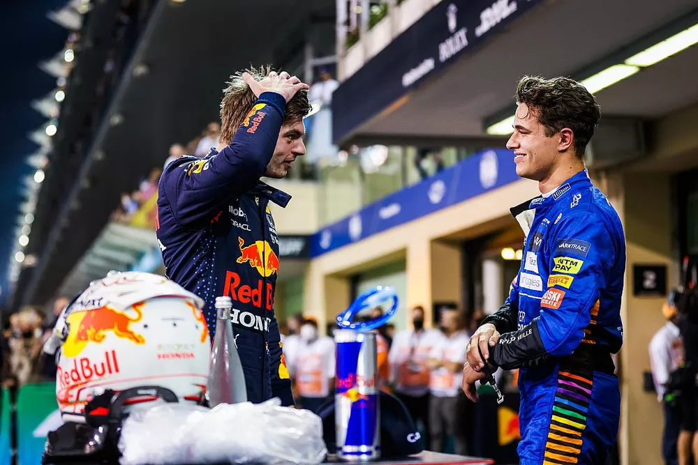 Pole man Max Verstappen, Red Bull Racing, Lando Norris, McLaren, talk in Parc Ferme