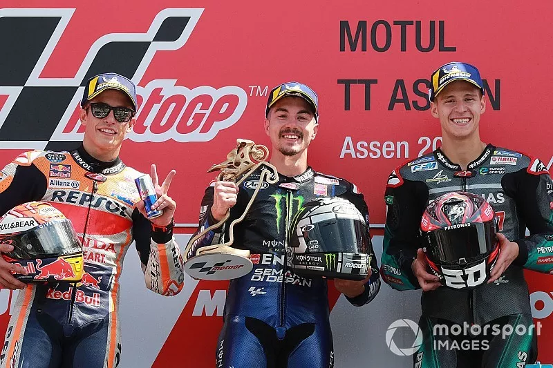 Podium: race winner Maverick Vinales, Yamaha Factory Racing, second place Marc Marquez, Repsol Honda Team, third place Fabio Quartararo, Petronas Yamaha SRT
