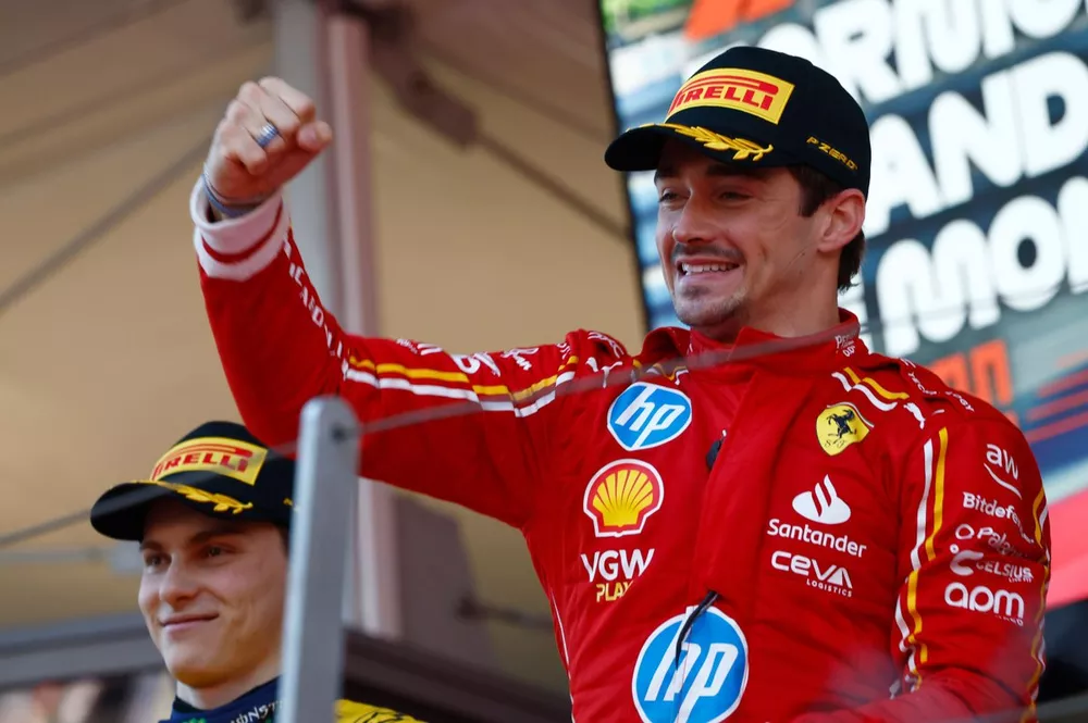 Charles Leclerc, Scuderia Ferrari, 1st position, celebrates on the podium