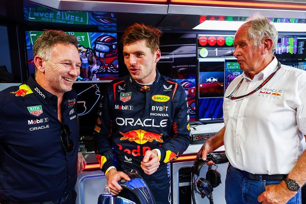 Max Verstappen, Helmut Marko y Christian Horner, Red Bull Racing