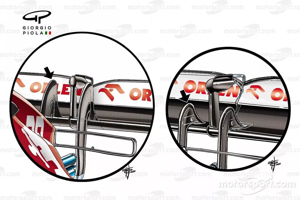 Comparaison entre les deux configurations de pilier sur l'aileron arri&egrave;re de l'Alfa Romeo Racing C39 
