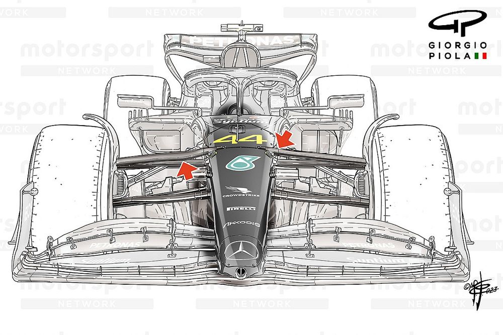 Detalle de la suspensi&oacute;n del Mercedes W14 en el GP de Hungr&iacute;a
