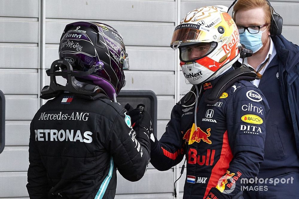 Max Verstappen, Red Bull Racing, 2nd position, congratulates Lewis Hamilton, Mercedes-AMG F1, 1st position, in Parc Ferme