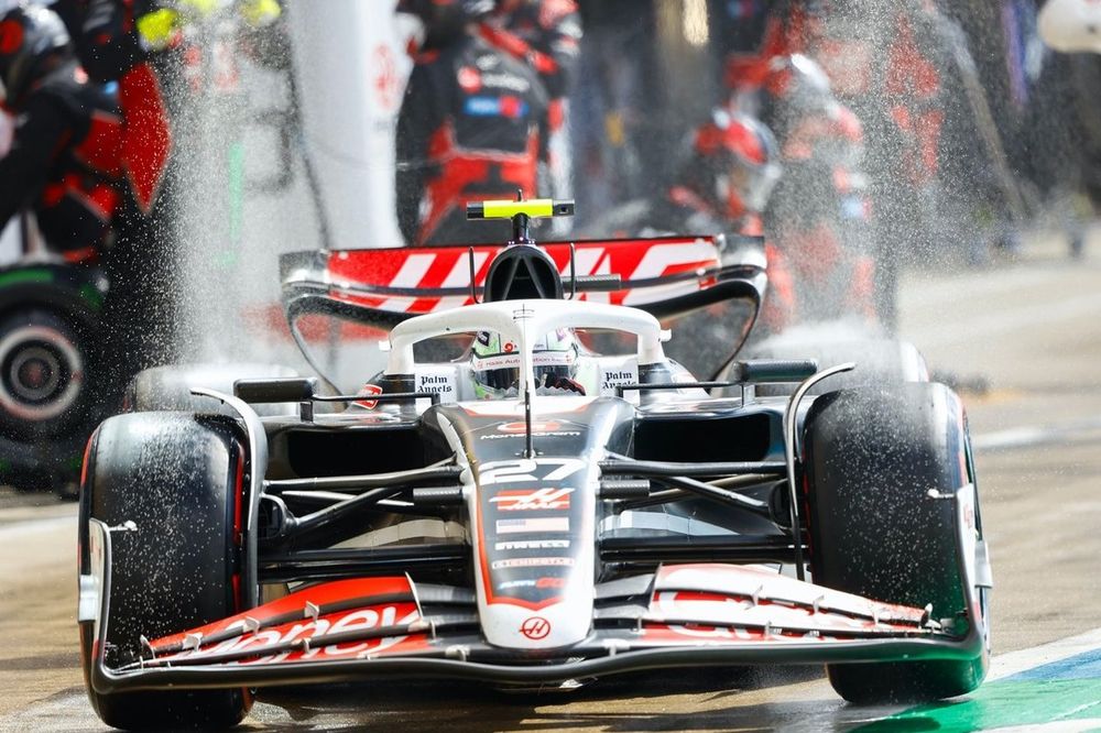 Nico Hulkenberg, Haas VF-24, leaves his pit box after a stop