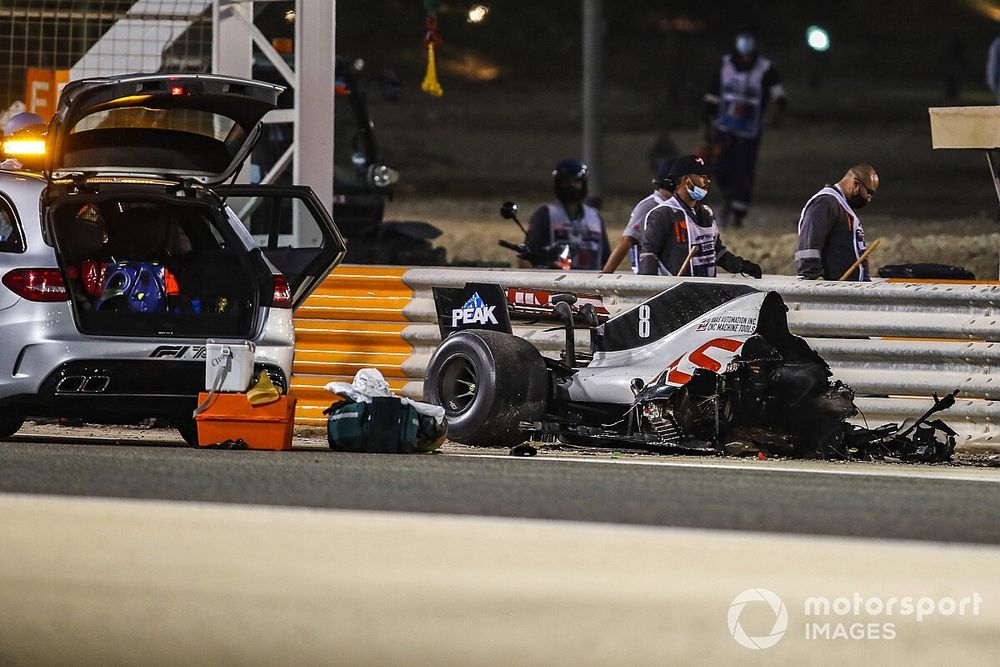 The remains of Romain Grosjean's Haas VF-20 