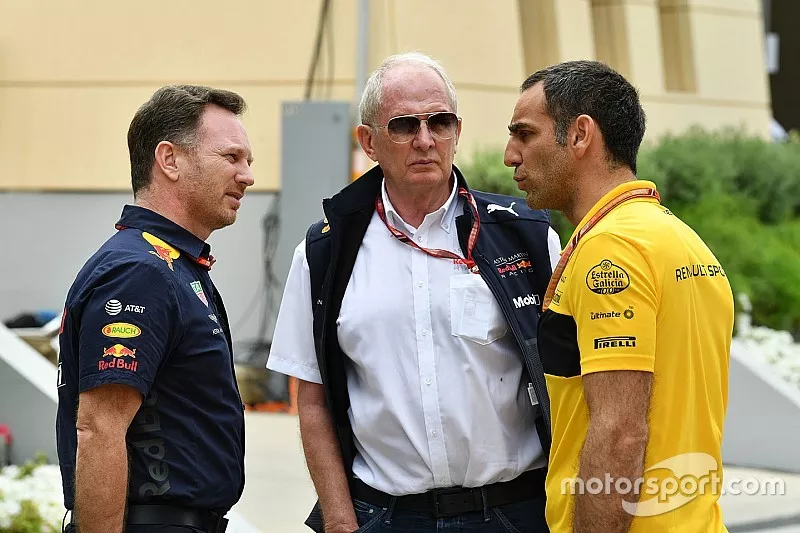 Christian Horner, Red Bull Racing Team Principal, Dr Helmut Marko, Red Bull Motorsport Consultant and Cyril Abiteboul, Renault Sport F1 Managing Director