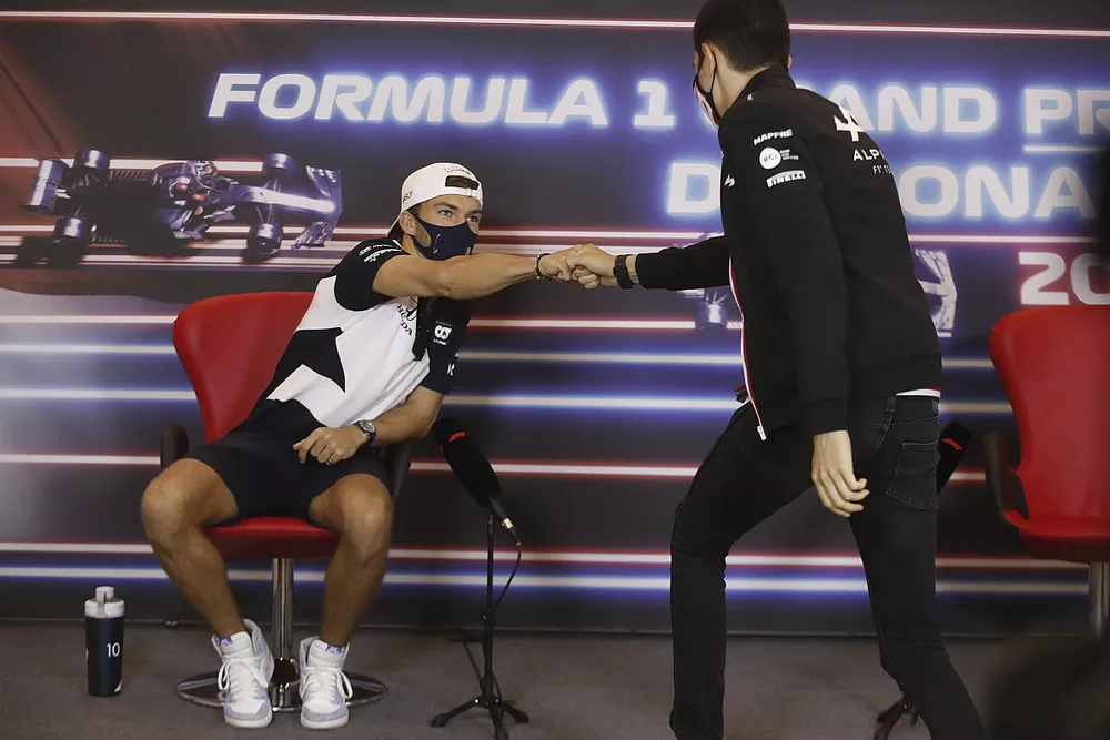 Pierre Gasly, AlphaTauri et Esteban Ocon, Alpine F1, en conf&eacute;rence de presse