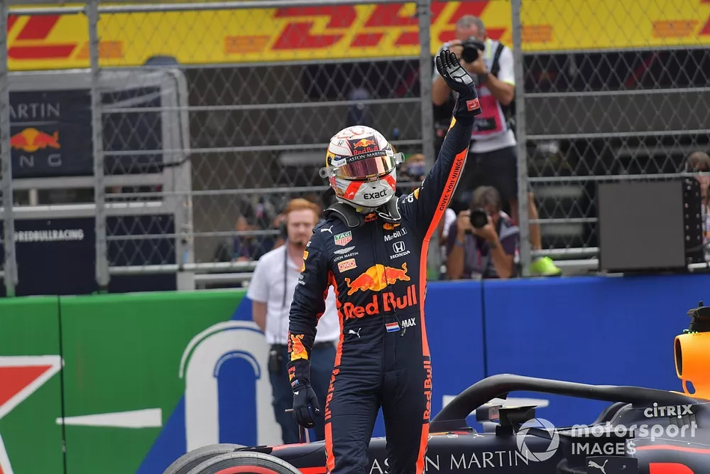 Pole man Max Verstappen, Red Bull Racing, celebrates on the grid after Qualifying