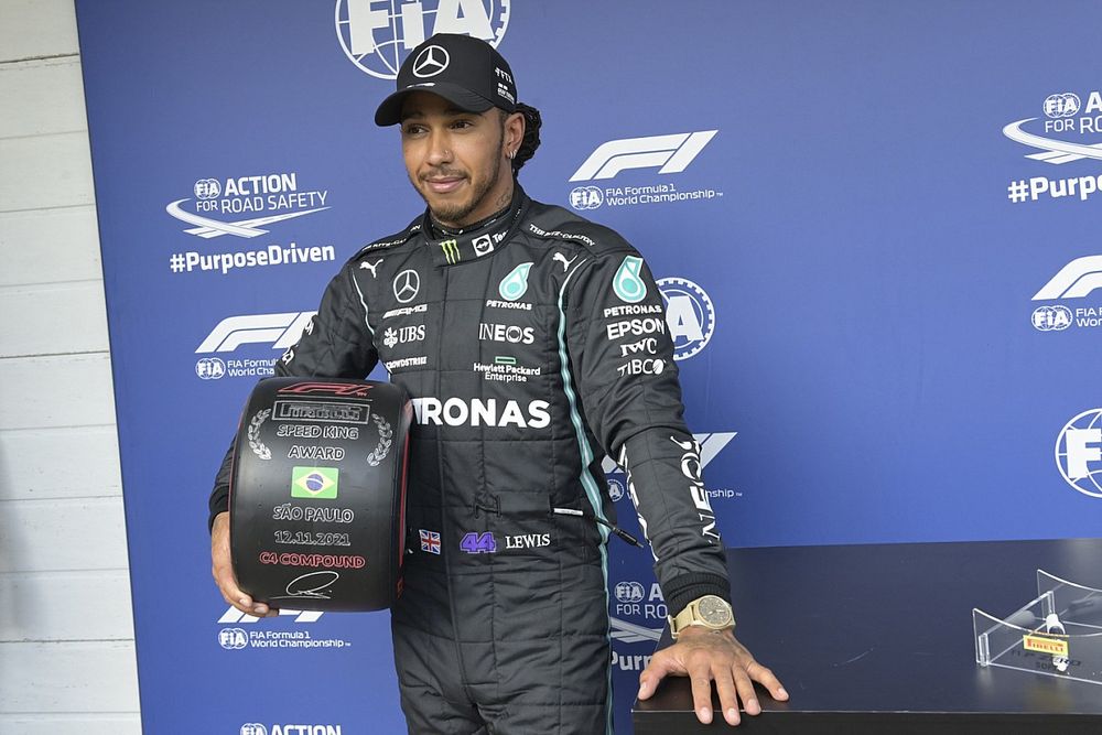 Lewis Hamilton, Mercedes, with his Pirelli Speed King Award