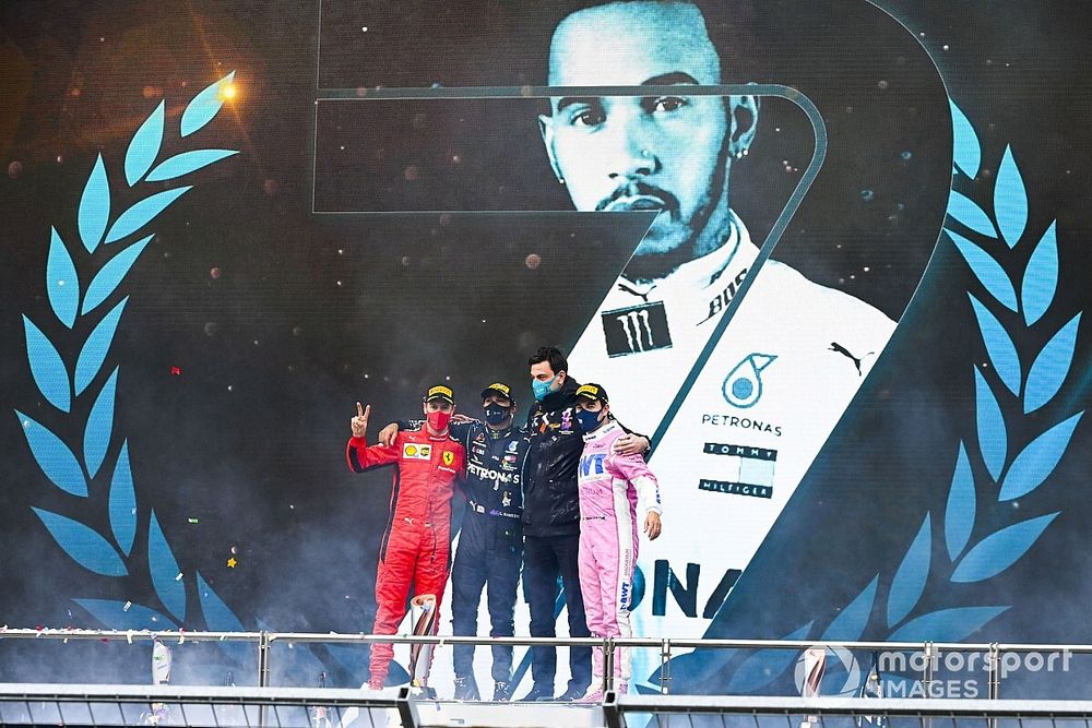 Sebastian Vettel, Ferrari, Race Winner Lewis Hamilton, Mercedes-AMG F1, Toto Wolff, Executive Director (Business), Mercedes AMG and Sergio Perez, Racing Point celebrate on the podium