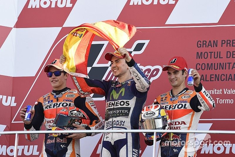 Podium: second place Marc Marquez, Repsol Honda Team and Winner and 2015 World Champion Jorge Lorenz