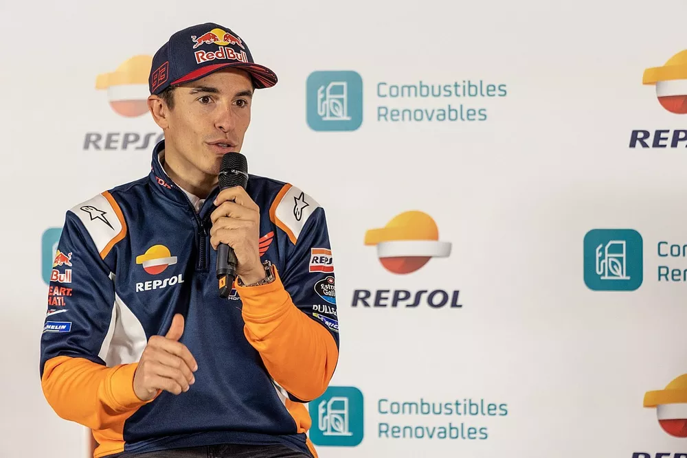Marc Marquez, Repsol Honda Team, en conf&eacute;rence de presse, lors d'une journ&eacute;e de test d'un biocarburant