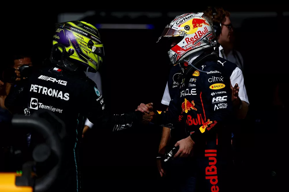 Lewis Hamilton, Mercedes AMG, 2nd position, Max Verstappen, Red Bull Racing, 1st position, congratulate each other in Parc Ferme