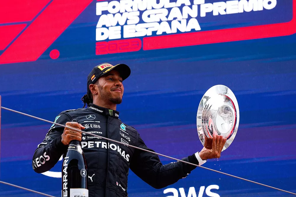 Lewis Hamilton, Mercedes-AMG, 2nd position, lifts his trophy