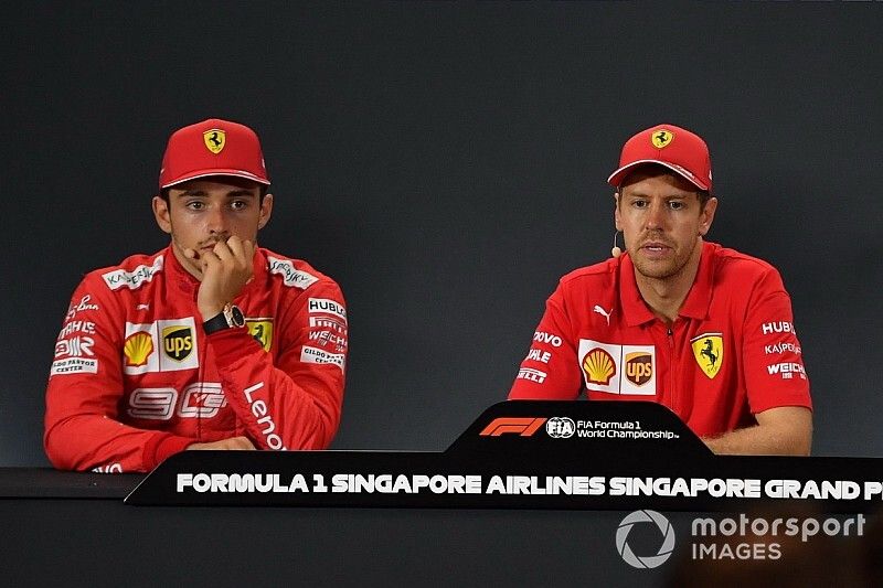 Charles Leclerc, Ferrari, 2nd position, Sebastian Vettel, Ferrari, 1st position, and Max Verstappen, Red Bull Racing, 3rd position, in the Press Conference