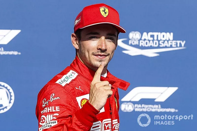 Charles Leclerc, Ferrari, celebrates pole position