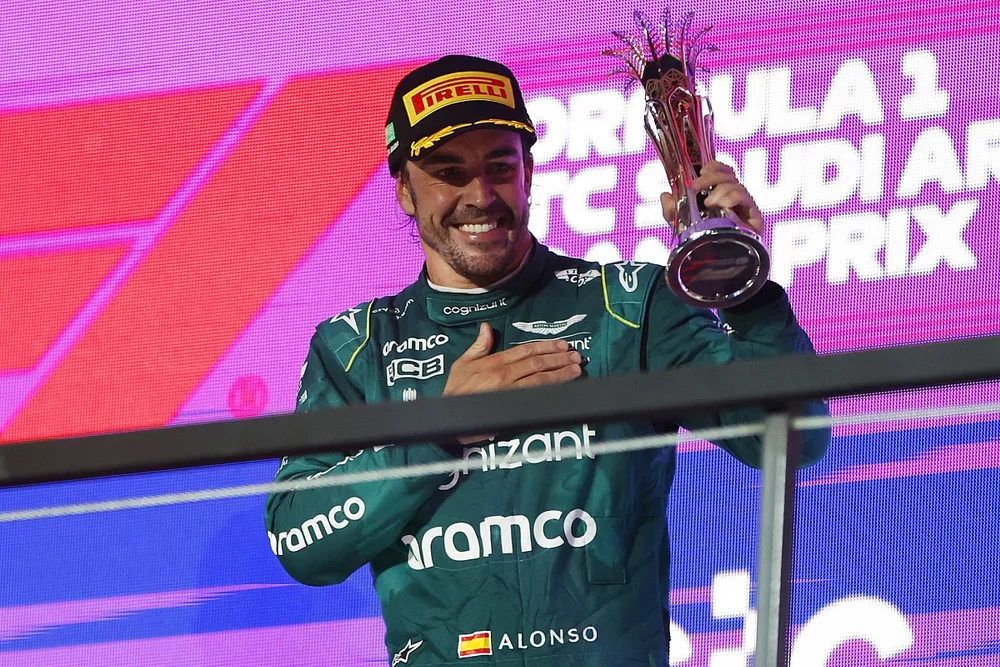 Fernando Alonso, Aston Martin F1 Team, provisionally 3rd position, with the trophy