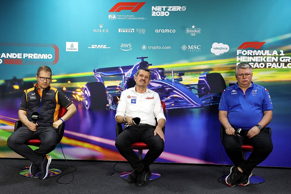 Andreas Seidl, Team Principal, McLaren, Guenther Steiner, Team Principal, Haas F1, Otmar Szafnauer, Team Principal, Alpine F1, in the team principals Press Conference