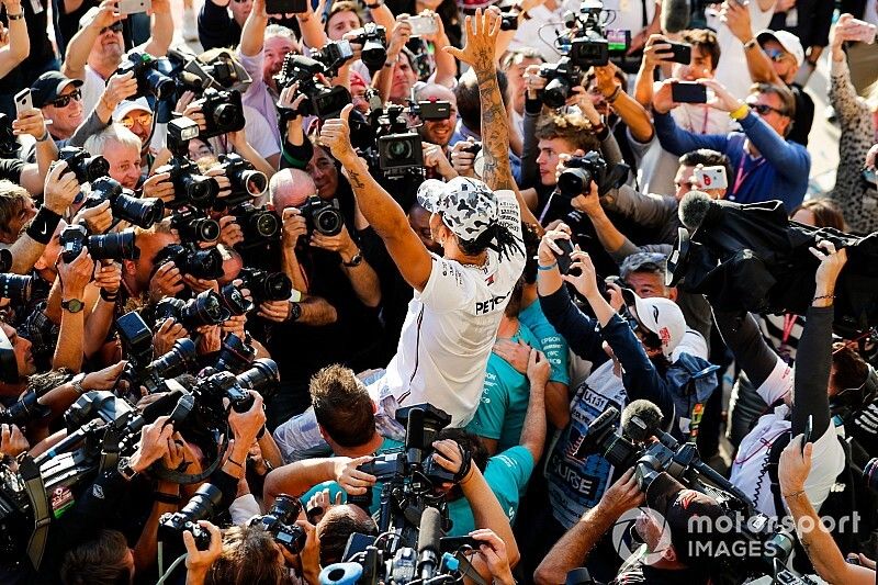 Lewis Hamilton, Mercedes AMG F1, 2nd position, celebrates after securing his sixth world drivers championship title