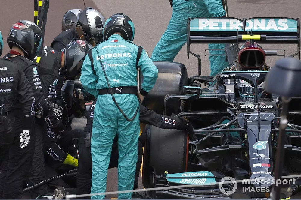 Valtteri Bottas, Mercedes W12, in the pits with technical trouble that would lead to retirement from the race