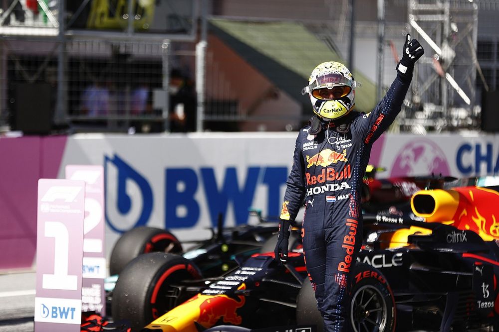 Max Verstappen, Red Bull Racing, celebrates in Parc Ferme after securing pole