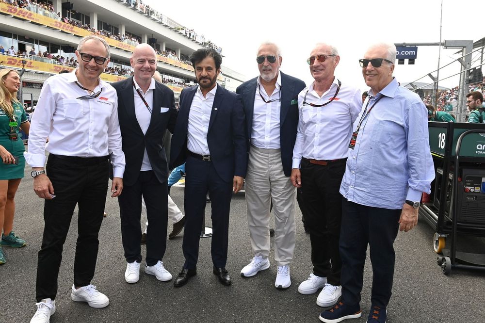 Stefano Domenicali, CEO, Formula One Group, Giovanni Infantino, Swiss football administrator and the president of FIFA, Mohammed Ben Sulayem, President, FIA, Lawrence Stroll, Owner, Aston Martin F1 Team, Greg Maffei, CEO, Liberty Media, Piero Ferrari, Vice Chairman, Ferrari 