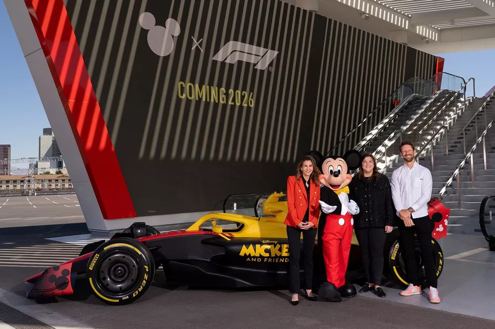 F1 x Disney, Mickey Mouse with Romain Grosjean, former F1 driver, Emily Prazer, Chief Commercial Officer at Formula 1 and Tasia Filippatos, President of Disney Consumer Products