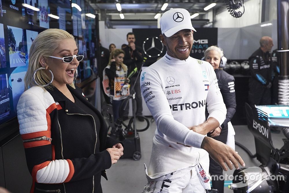 Singer Christina Aguilera in the Mercedes garage with Lewis Hamilton, Mercedes AMG F1