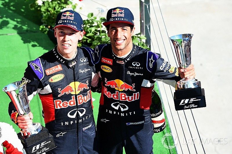 Daniil Kvyat, Red Bull Racing and Daniel Ricciardo, Red Bull Racing celebrate on the podium