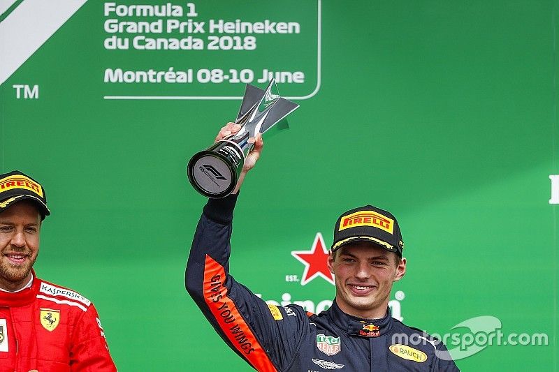 Max Verstappen, Red Bull Racing, 3rd position, lifts his trophy on the podium