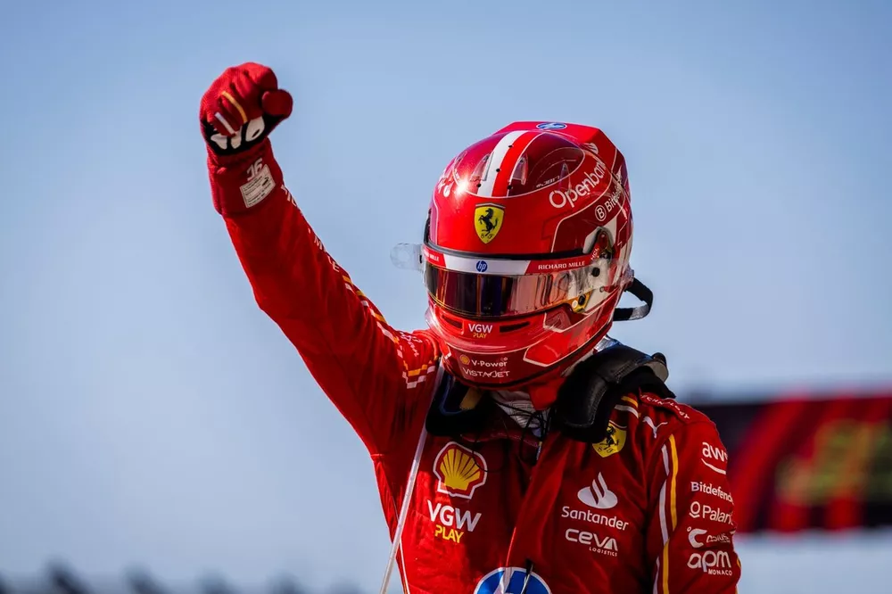 Charles Leclerc, Scuderia Ferrari, 1st position, celebrates on arrival in Parc Ferme