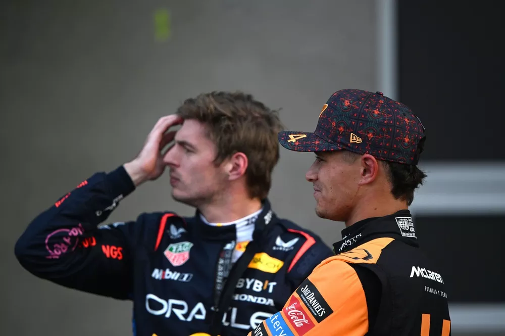 Max Verstappen, Red Bull Racing, and Lando Norris, McLaren F1 Team, in Parc Ferme after Qualifying